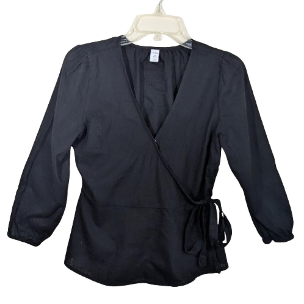 Old Navy Blouse Black Wrap Around Peplum V-neck Long Sleeves Cotton Rayon